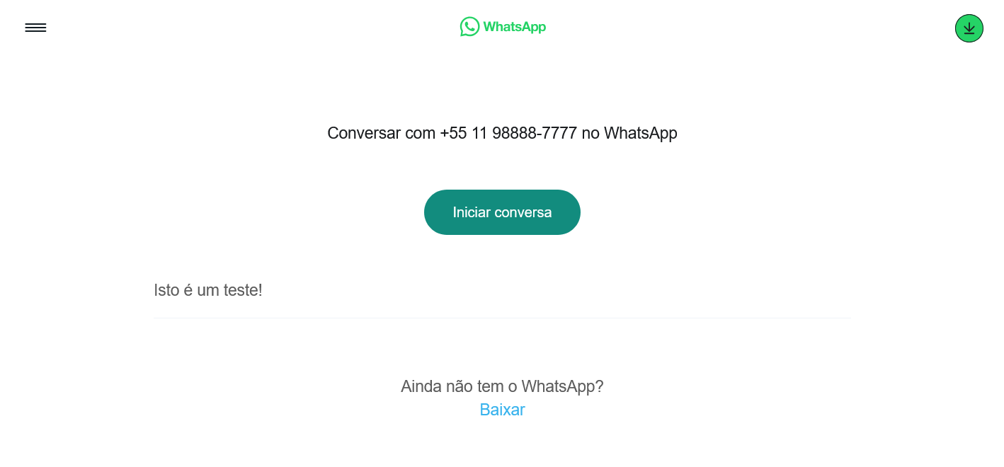 Reprodução de tela da API do WhatsApp ao abrir um link gerado com número de celular e mensagem personalizada.
